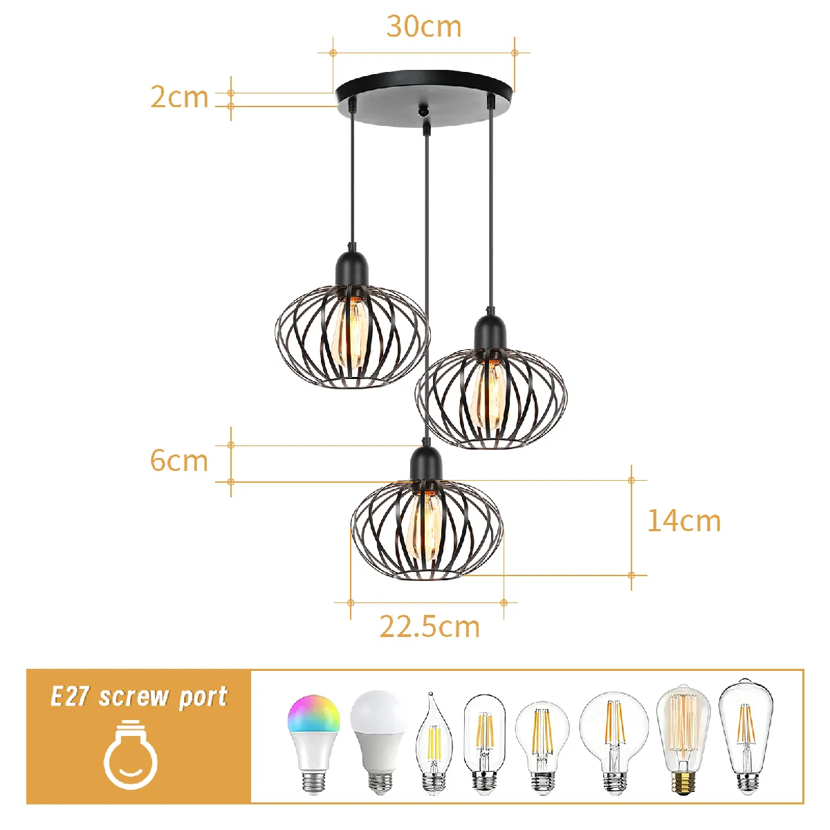 Stoex Lustre Vintage 3 Lumières Suspension Luminaire Rétro E27 Suspension Lustre Intérieur (Noir) Plafonnier Rond En Métal Pour Salon Cuisine Chambre