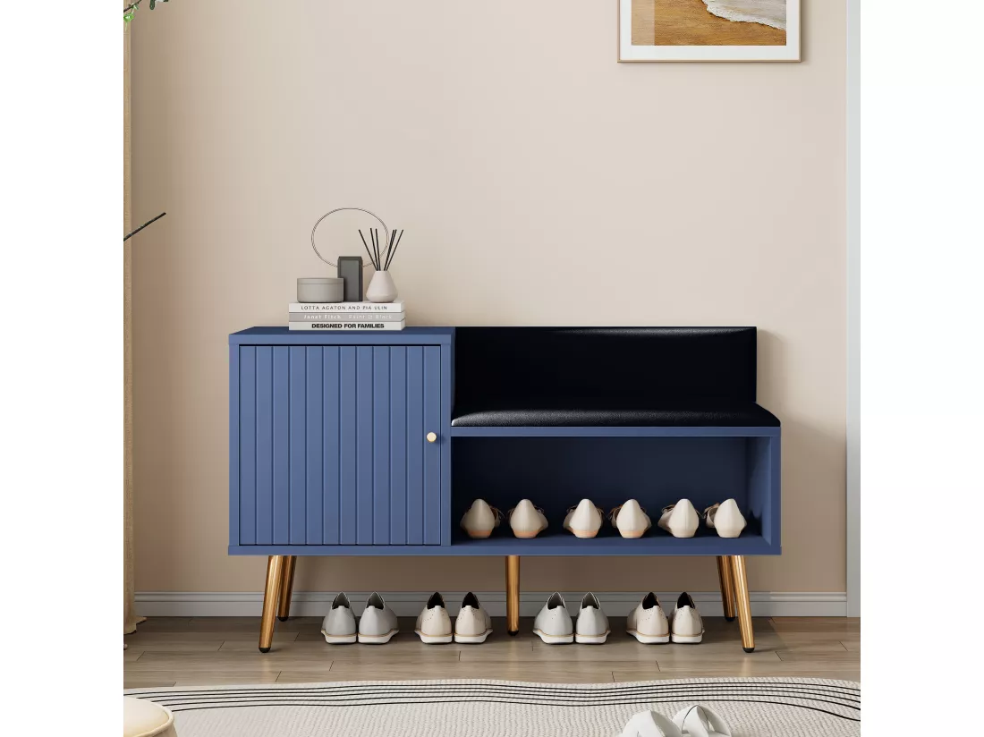 Banc à chaussures moderne avec une porte et coussin en cuir PU - pièds et poignées en métal - coloris bleu - 100 x 40 x 58 cm