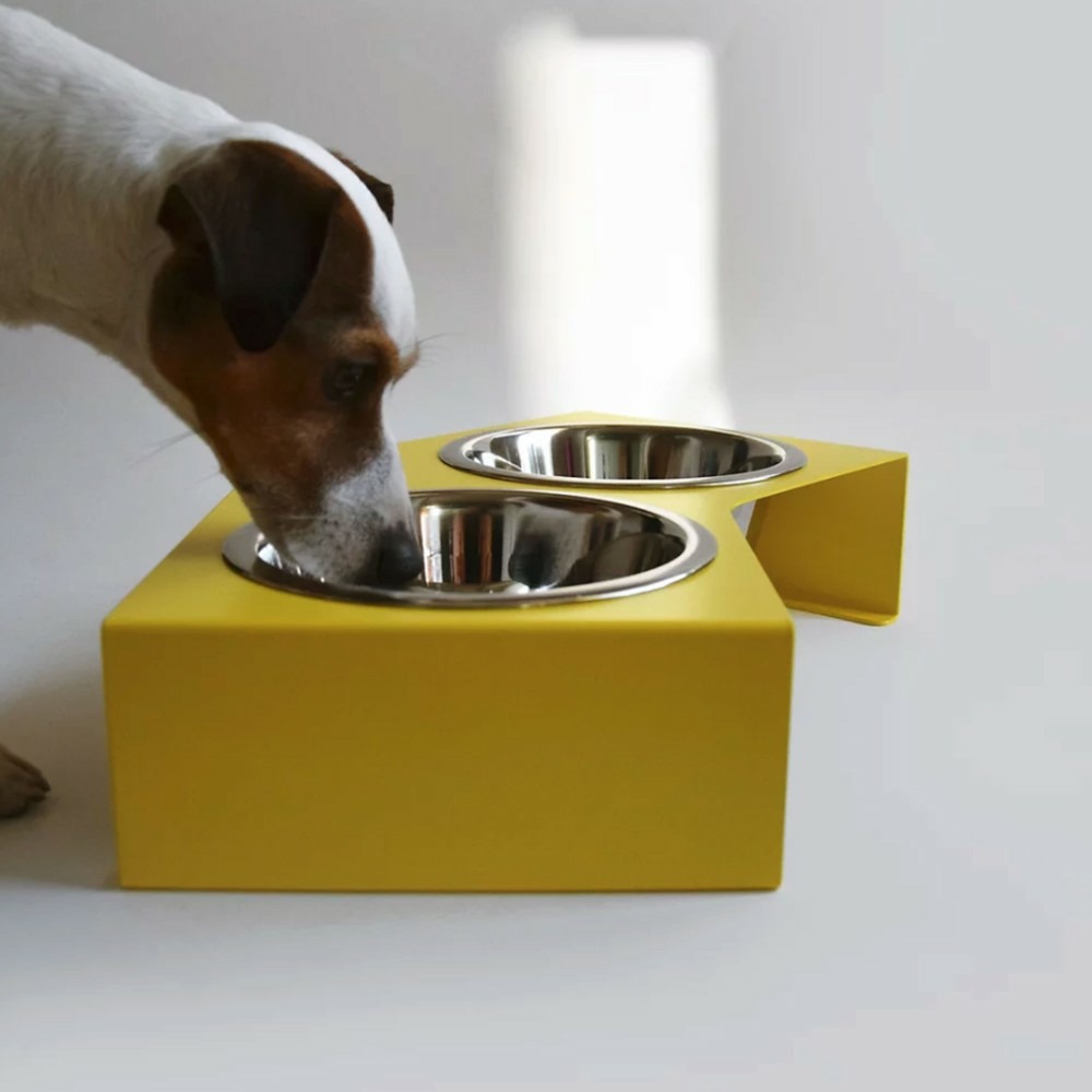 Liqui - set de 2 gamelles chien surélevées en acier, socle design métal jaune