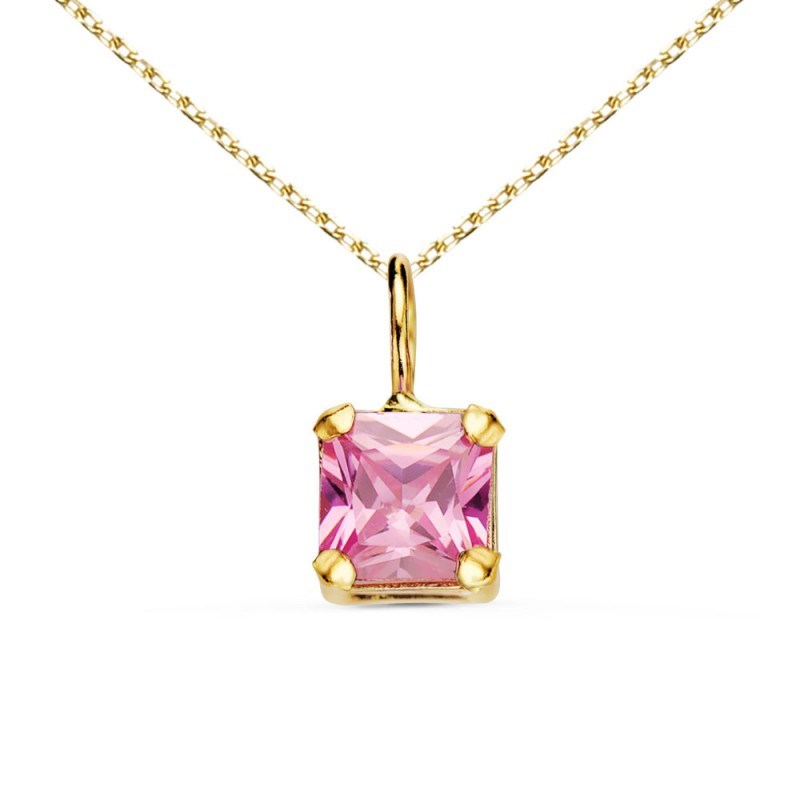 Collier - Pendentif Or Jaune 18 Carats 750/000 - Zirconium Rose - Chaine Dorée