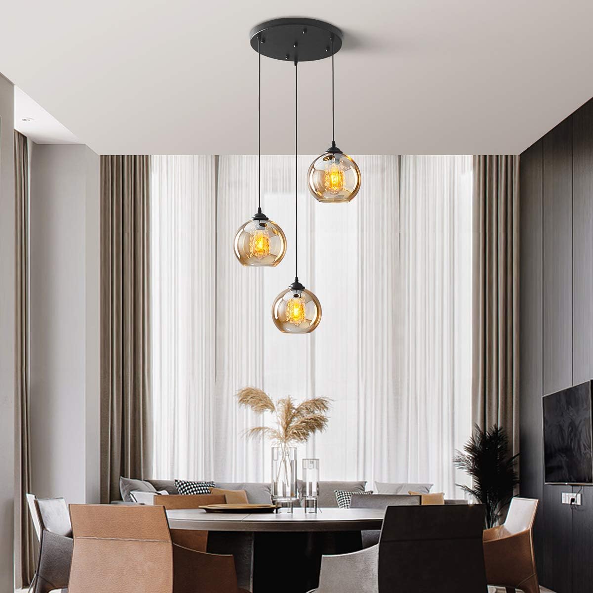 H.W.S Glas Pendelleuchte Kristall Pendellampe Modern Kugel Kronleuchter Design Kreative Hängeleuchte Höhenverstellbar Innen Dekoration Hängelampe Wohnzimmer Leuchte (Amber, 3 flamming round)