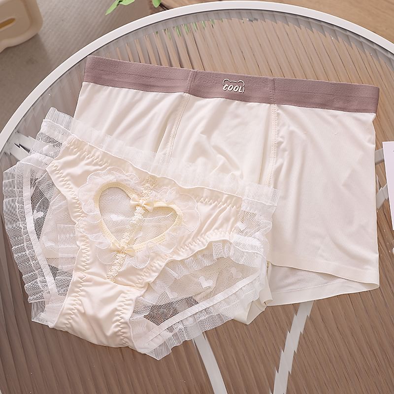 Pancherry - Matching set voor koppels: boxershort met letters + kanten slip met hartvormige uitsparing