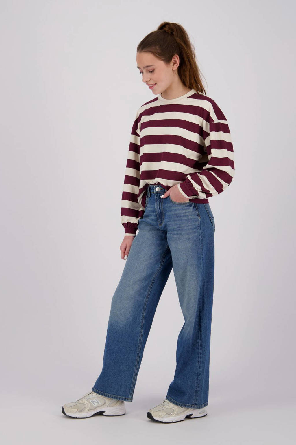 Raizzed gestreepte longsleeve Liza donkerrood/ecru