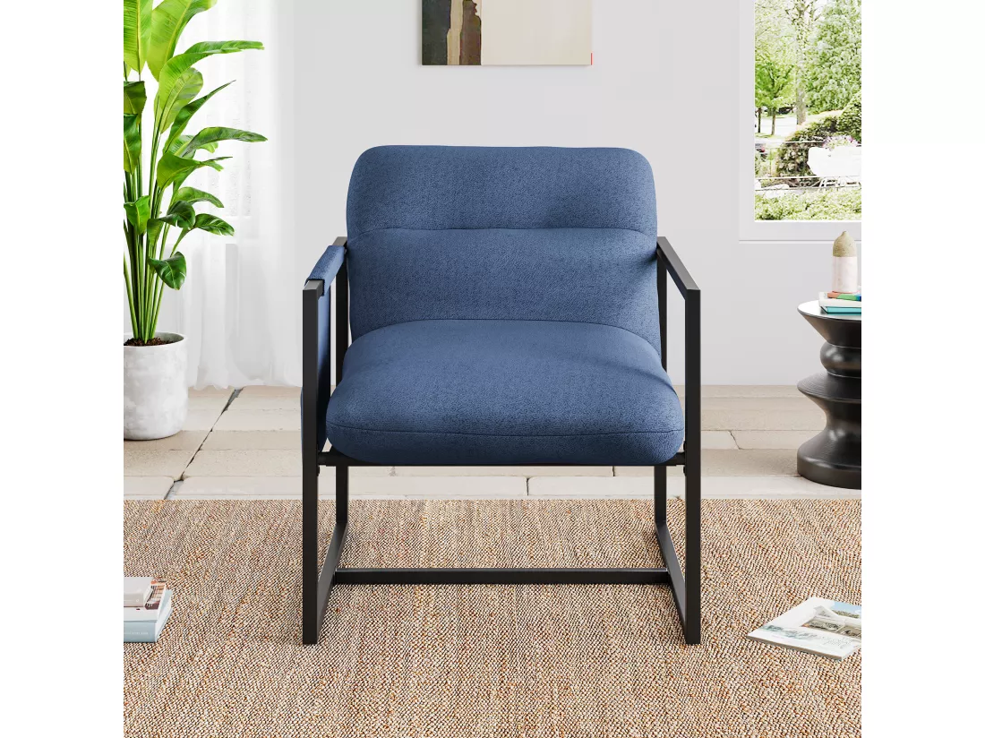 Fauteuil de Salon Confortable en sherpa - avec Siège Épais et Pied Métal - ergonomique - profondeur d'assise 51cm - Bleu
