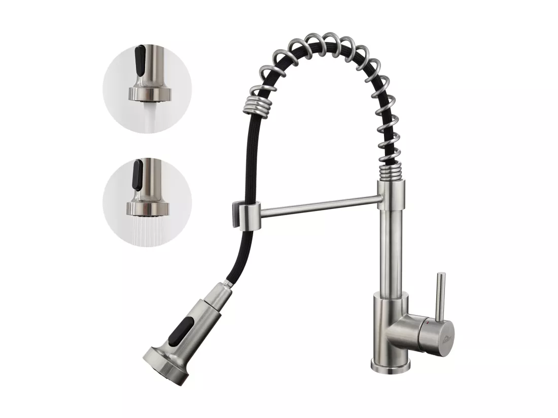 Mitigeur de Cuisine Brossé AuraLum Max pivotant 360° avec Tête Pulvérisation Rétractable,Robinet Cuisine à ressort,Inoxydable,Double Mode,EU Modèle