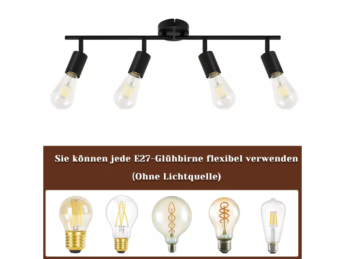 NETTLIFE Plafonnier Spot de Plafond Noir E27 Couloir Vintage Pivotant 350° Lampe de Cuisine Industrielle pour Cuisine Salon Chambre (sans Ampoule)