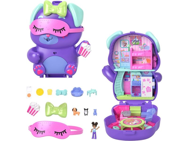 Polly Pocket Spielset Party-Welpe Schatulle Spielzeug für unterwegs mit Zubehör für Mode und Essen