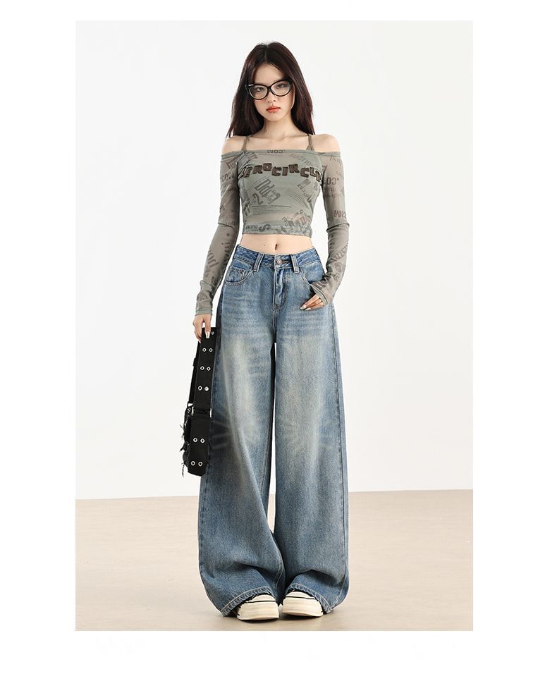 Denimot - Middelhoge gewassen fleece-gevoerde wijde jeans (verschillende designs)