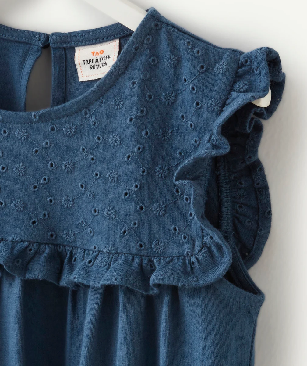 ROBE EN MAILLE FILLE EN COTON BLEUE AVEC VOLANTS ET BRODERIES
