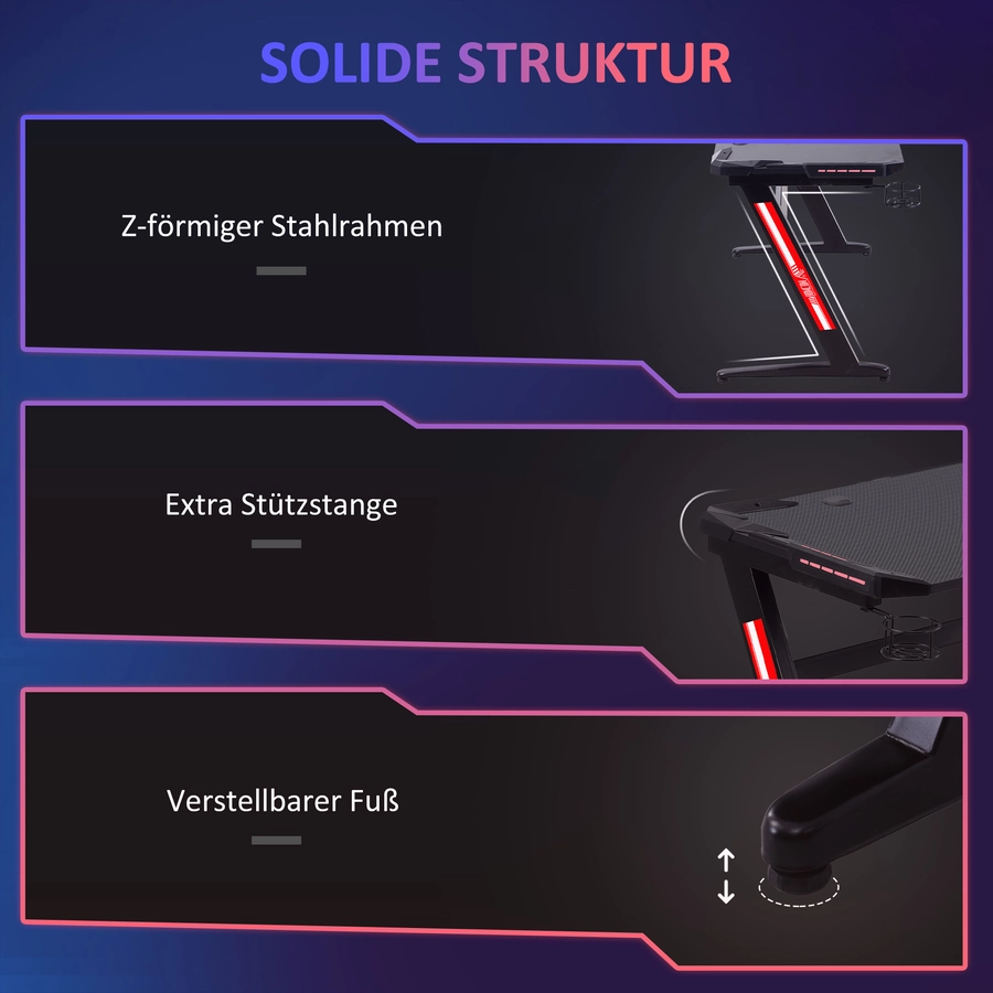 HOMCOM Schreibtisch Große Arbeitsfläche, LED-Lichter, Inklusive Fernbedienung; Schwarz