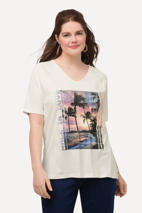 T-Shirt, Palmen-Fotomotiv, V-Ausschnitt, Halbarm