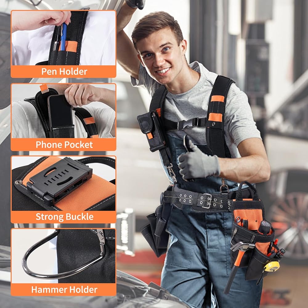 Ceinture à outils avec bretelles – Ceinture à outils pour homme, 22 poches, organiseur d'outils robuste pour encadreurs, charpentiers, électriciens, menuisiers, menuisiers, orange : Bricolage