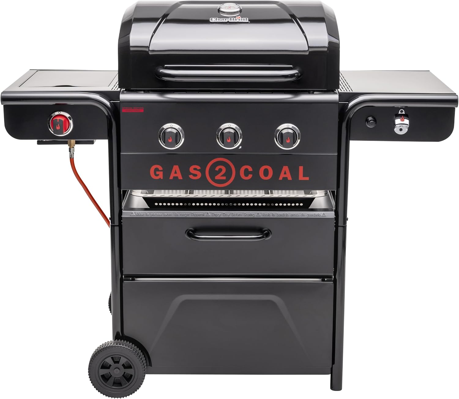 Char-Broil Gas2Coal 2.0 330 Special Edition 3+1-Brenner Hybridgrill, Patentierte Holzkohleschale, 900 °C Sear-Brenner & extra Grillplatte, Schwarz