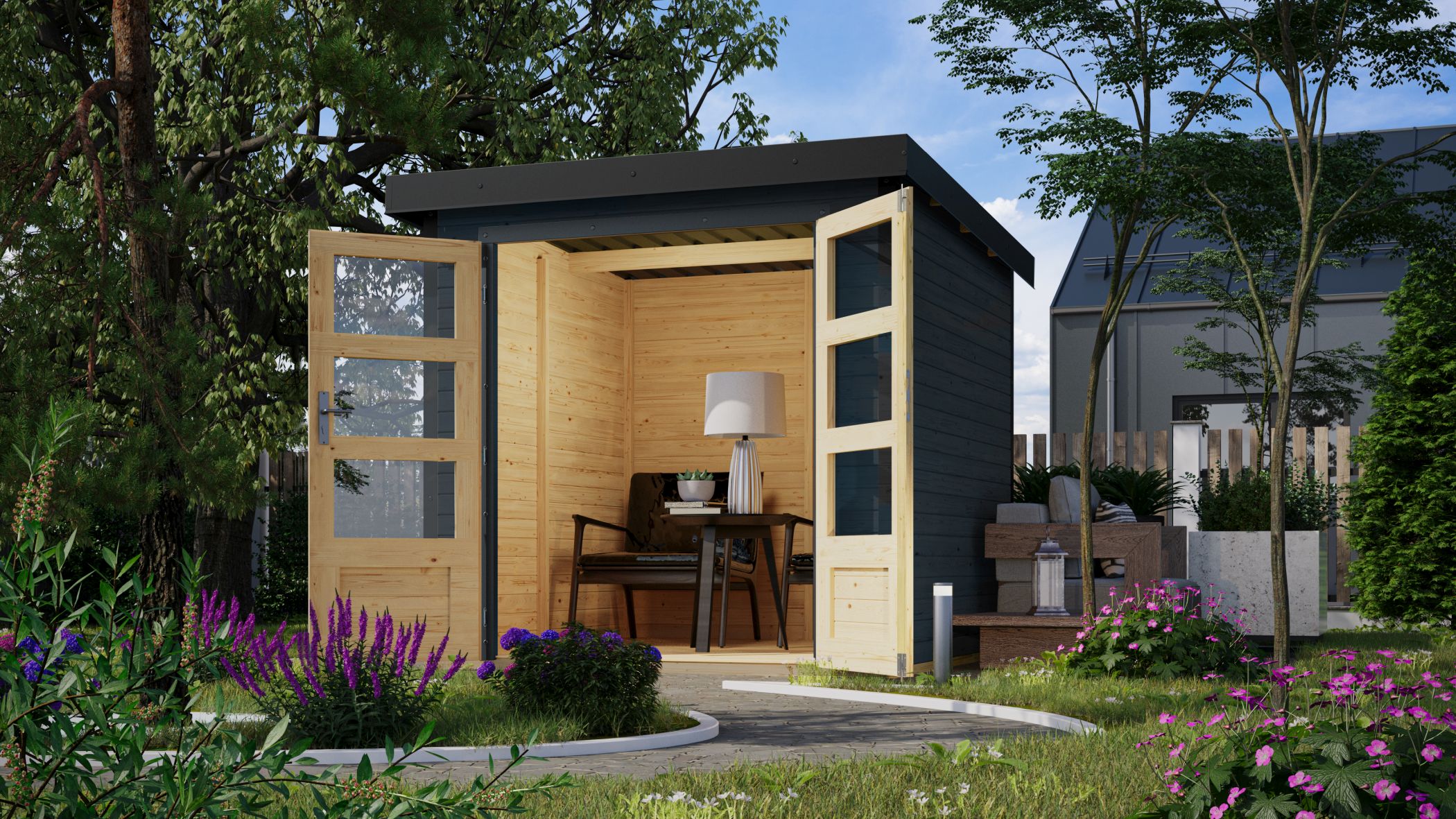 Karibu Hybrid Gartenhaus Hollywood anthrazit inkl. Fußboden Gartenlaube Geräteschuppen Gartenhütte