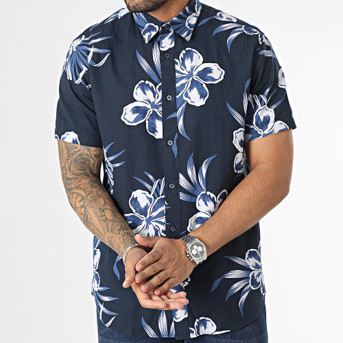 Chemise Manches Courtes Regular New-Linen Bleu Marine Blanc Floral