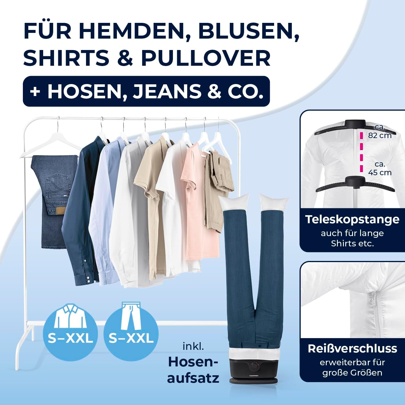 CLEANmaxx automatischer Hemdenbügler PRO mit Hosenaufsatz | Ersetzt Bügeleisen, Dampfglätter, Steamer | Bügelgerät mit Bügelpuppe für Hemden, Blusen & Hosen | Innovativ & effizient