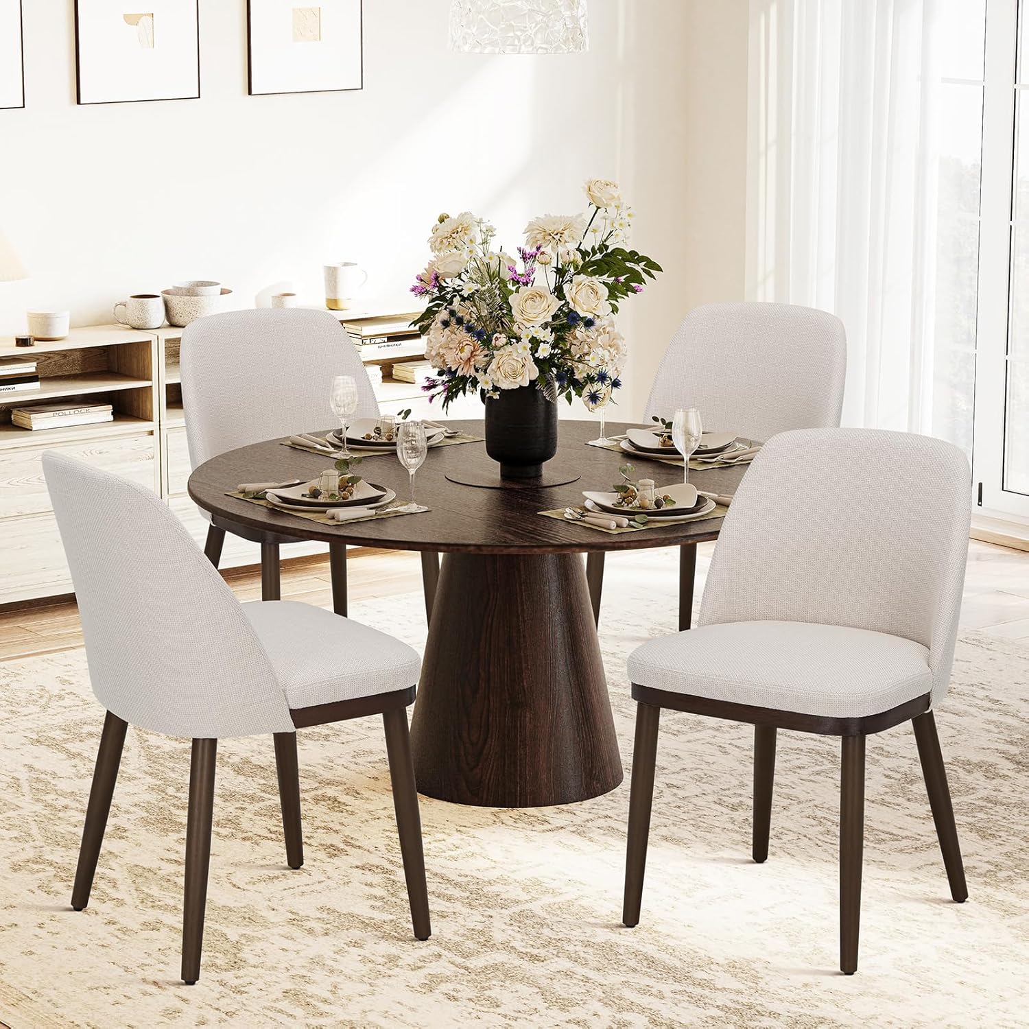 COLAMY Gepolsterte Esszimmerstühle 4er Set, Moderne Küchenstühle mit Rückenlehne, Stoffstuhl mit Holzbeinen für Esszimmer, Küche, Restaurant, Beige