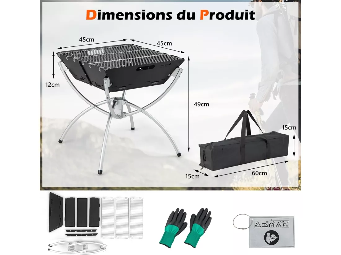 Brasero Extérieur Pliable au Charbon de Bois, Foyer Portable 3 en 1 Grilles en Acier Métalydable avec Sac de Transport et Gants, pour CamBoisg Arrière-Cour Patio, Noir