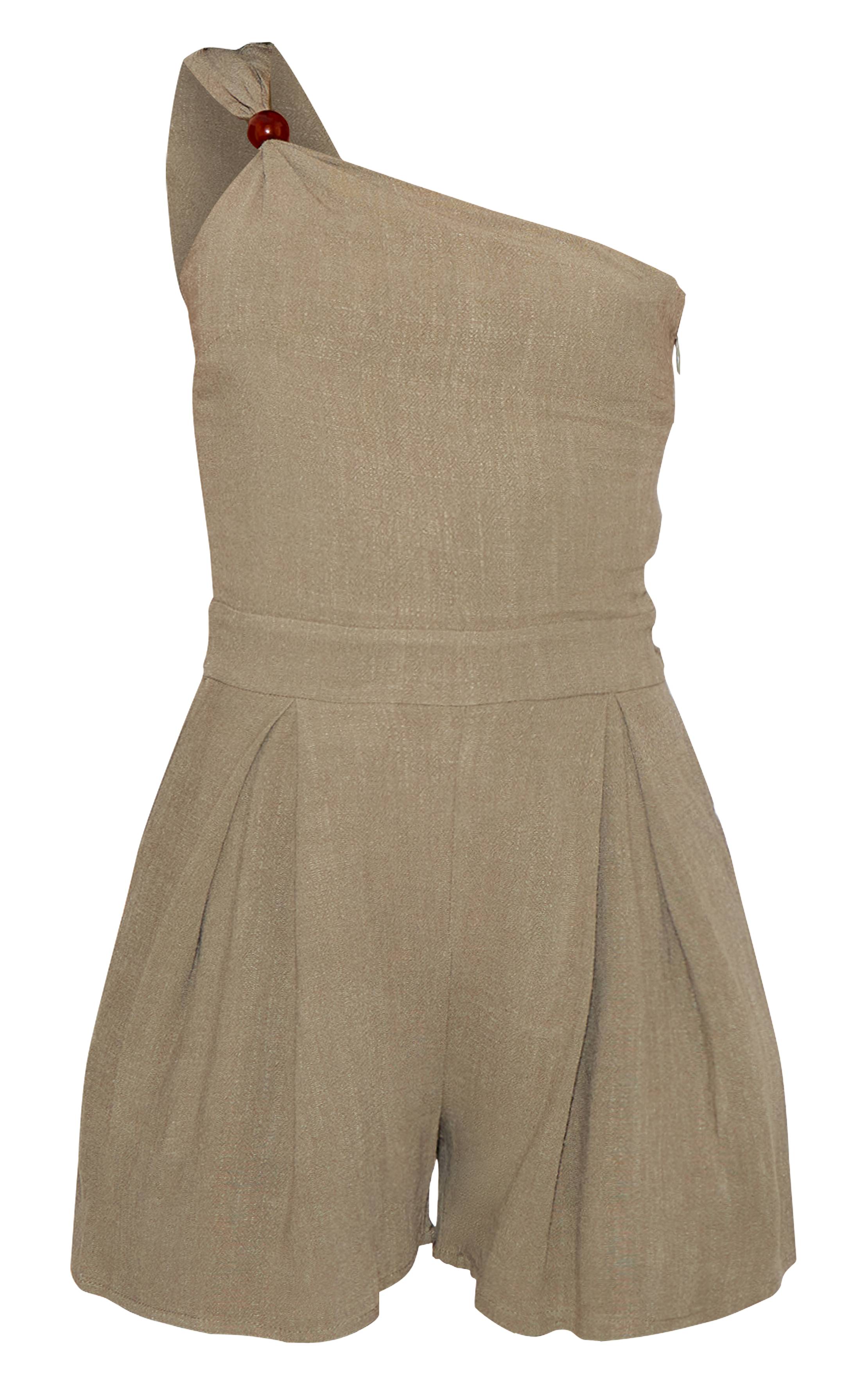 Kaki Combi-short À Une Épaule Aspect Lin Avec Détails De Perles