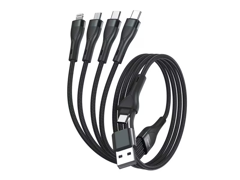 (1.2m) 15W 4in1 USB C / USB A auf 2x USB C / Lightning / Micro USB Ladekabel Nylon Datenkabel Power Delivery (541023) - Schwarz