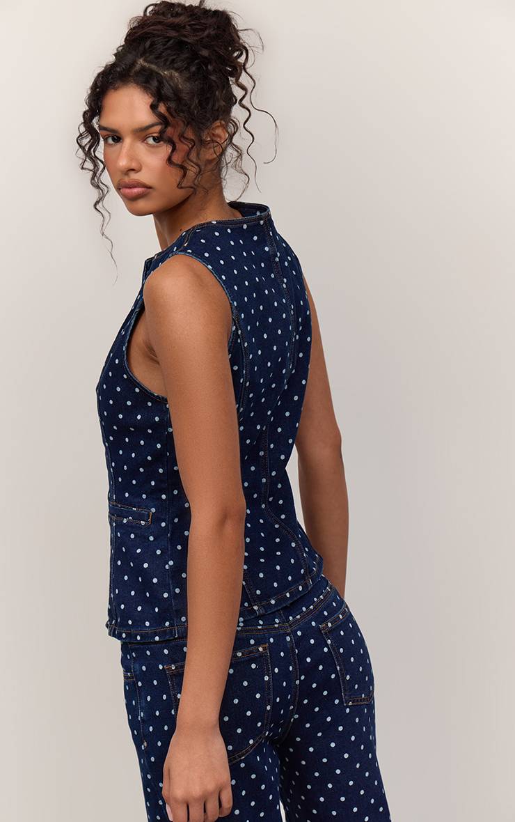 Bleu Indigo Gilet Long En Jean Ajusté À Pois