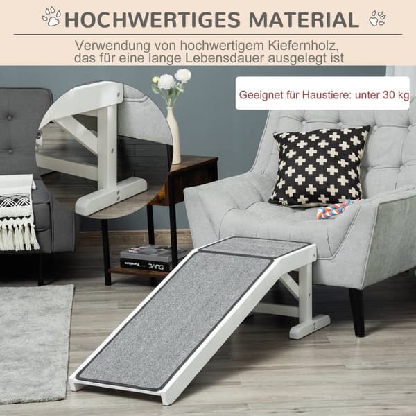 Kjæledyrrampe Med Sklisikre Teppe-Dyrestige Hunderampe For Hunder Opptil 30 Kg Furu Polyester Hvit + Grå 125 X 40 X 35,5 Cm