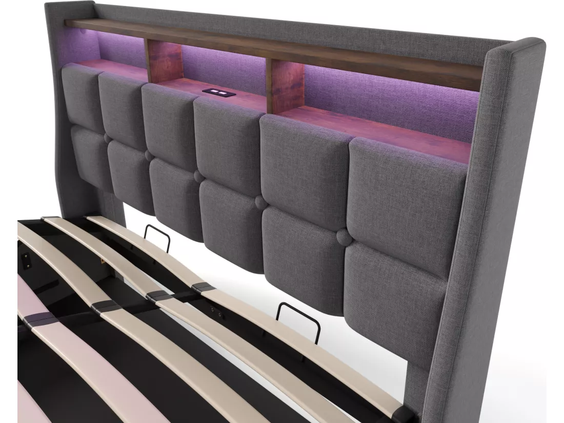 Lit coffre en lin 160x200cm avec LED et ports USB - sommier à lattes - gris