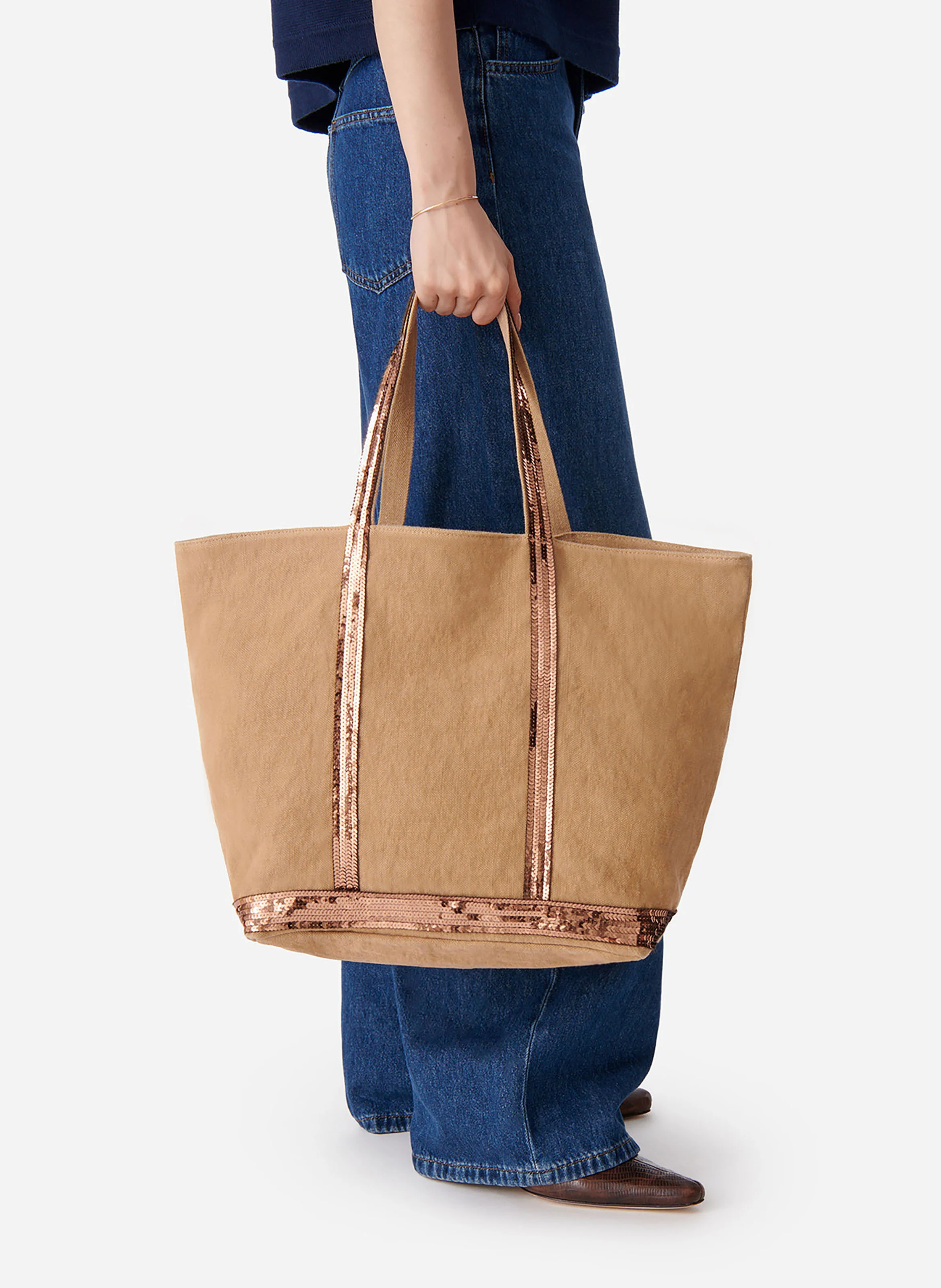 Cabas L brodé avec sequins en lin | Marron