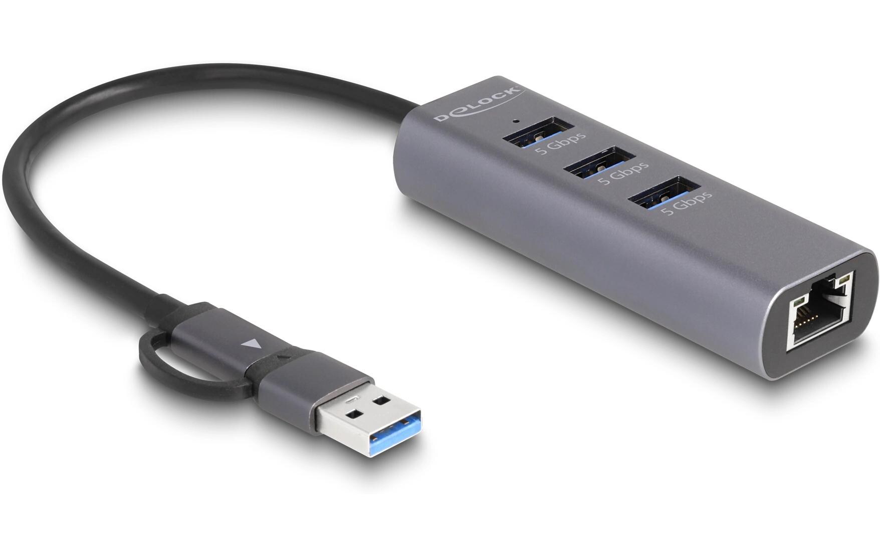 Netzwerk-Adapter 5 Gbps USB Typ-A/USB Typ-CDelock 3 Port USB 5 Gbps Hub + Gigabit LAN mit USB Type-C oder USB Typ-A Anschluss im Metallgehäuse