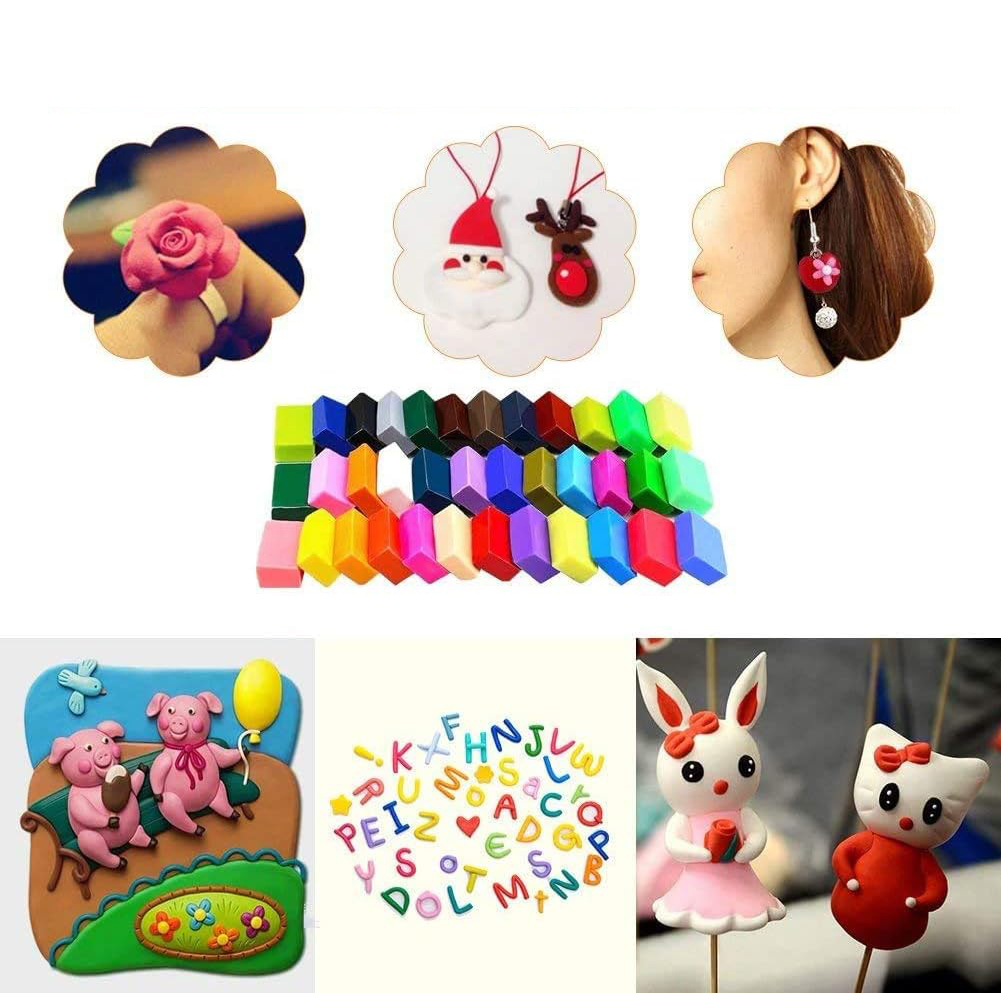 (62-tlg. Set) Kinder Knete DIY Bastel Zubehör Modellier Spielzeug Ofenhärtend inkl. Werkzeug - Bunt