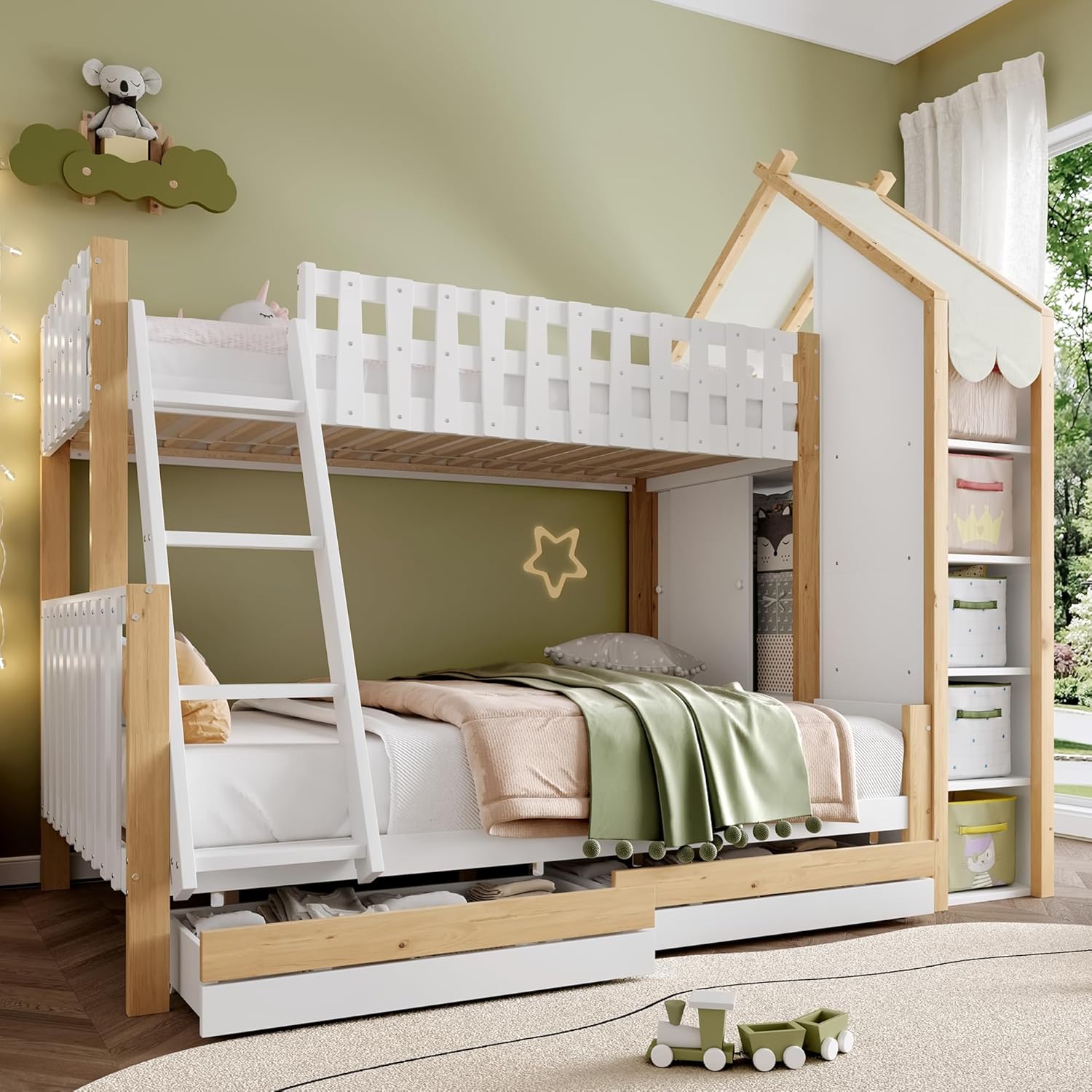 Etagenbett 90x200cm+140x200cm, Kinderbett Hochbett mit Bettgitter, Hausleiste, 2 Schubladen, Leiter, Unregelmäßiger Zaun, Funktionsbett Stockbett, Ohne Matratze(Weiß+ Natur)