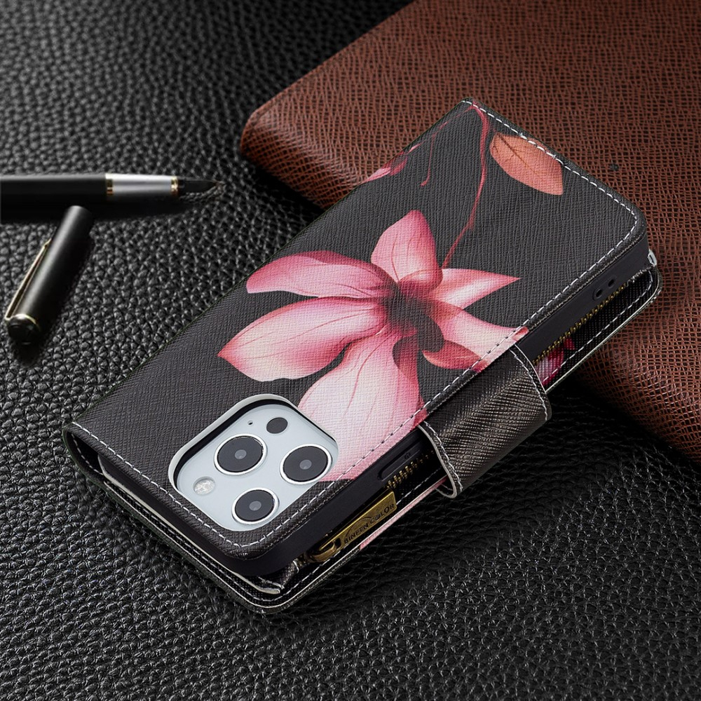 iPhone 13 Pro Leder Wallet Etui Tasche mit 9 Kartenfächern   Münzfach Blume - Schwarz