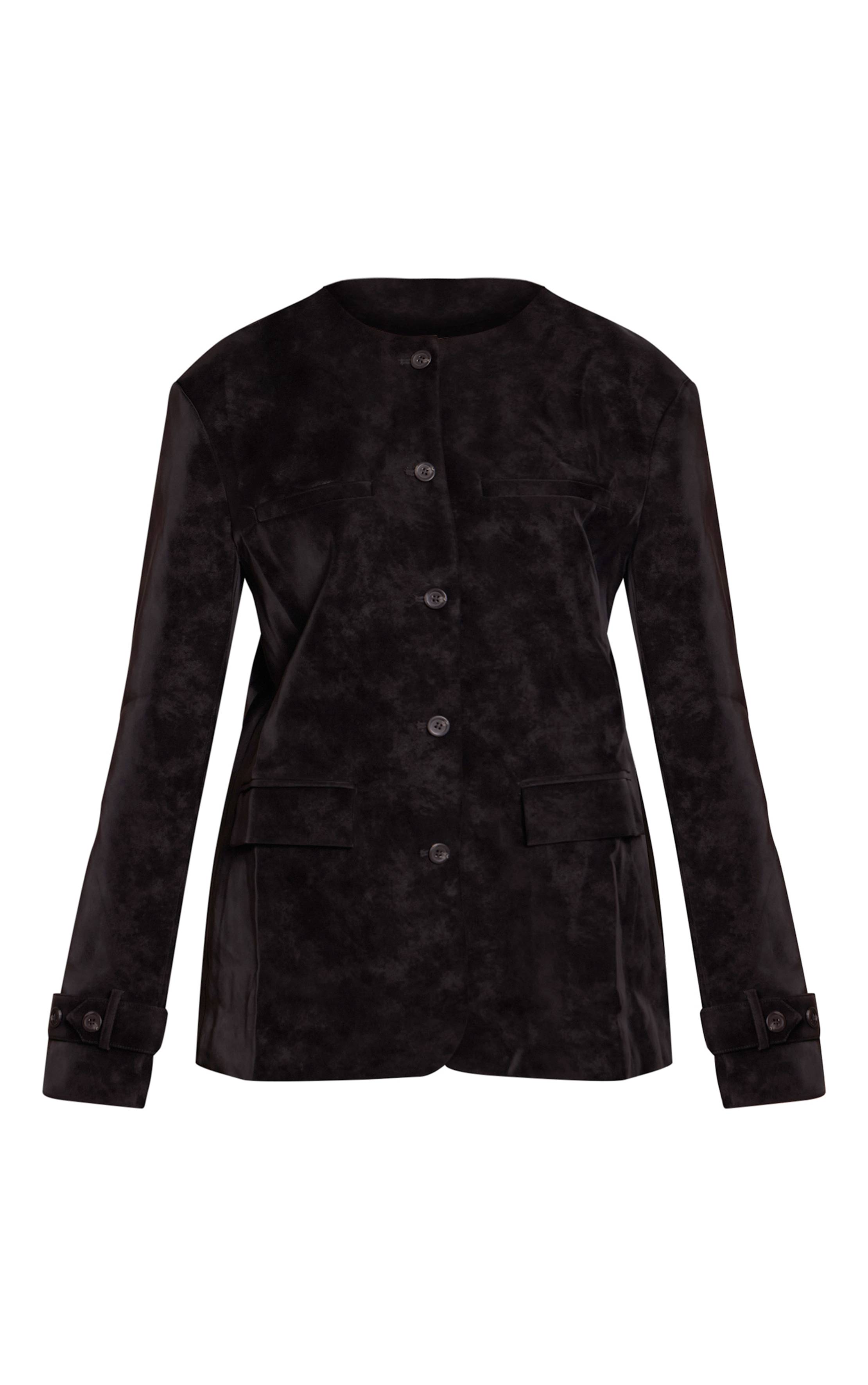 Noir Veste En Synthétique Sans Col Avec Détails De Boutons