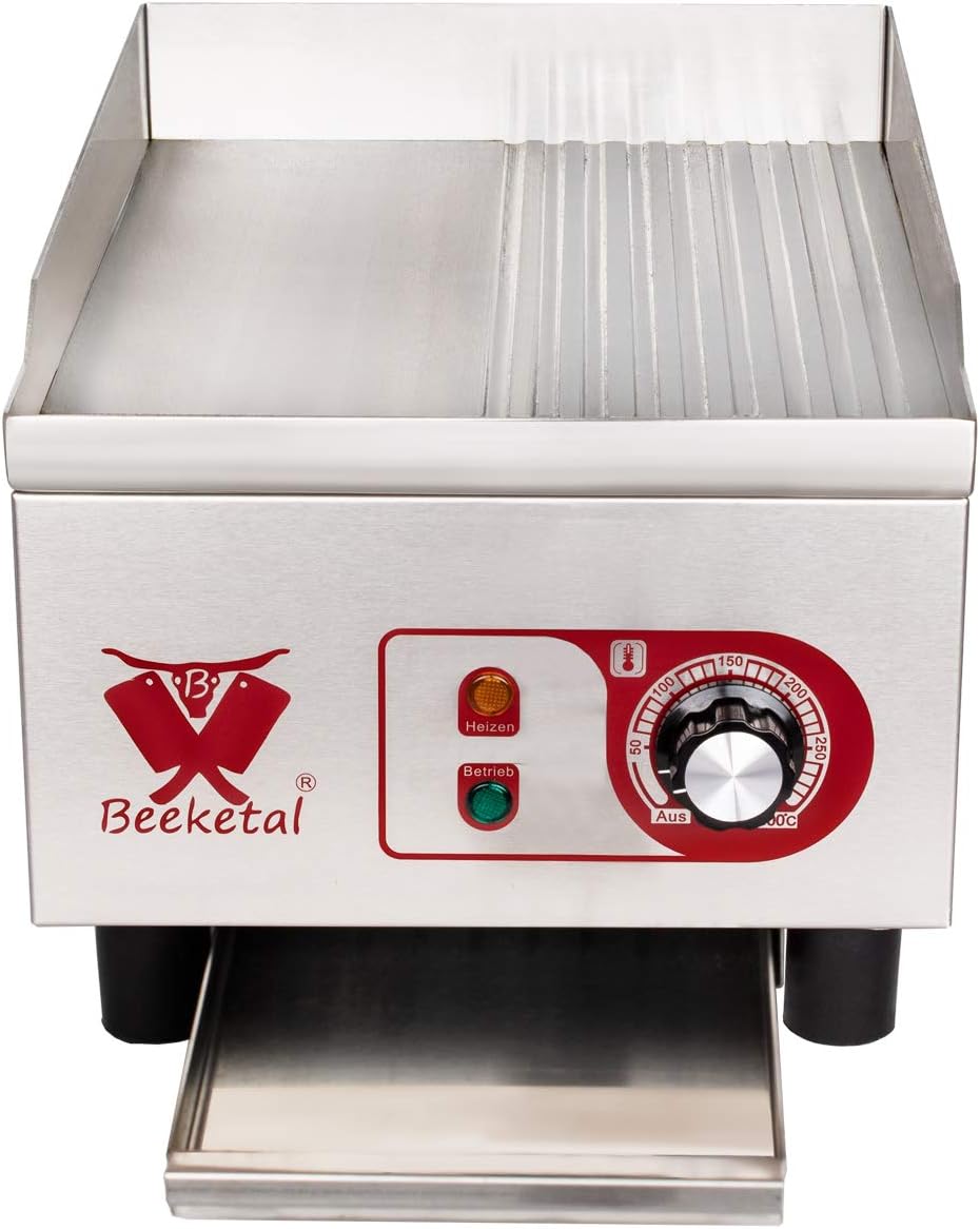 Beeketal 'BHGP-5' Profi Gastro Gusseisen Grillplatte elektrisch mit ca. 270 x 320 mm Grillfläche (glatt & gerillt), stufenlos 50-300 °C (1800W), Elektrogrill mit Spritzschutz und Fett Behälter