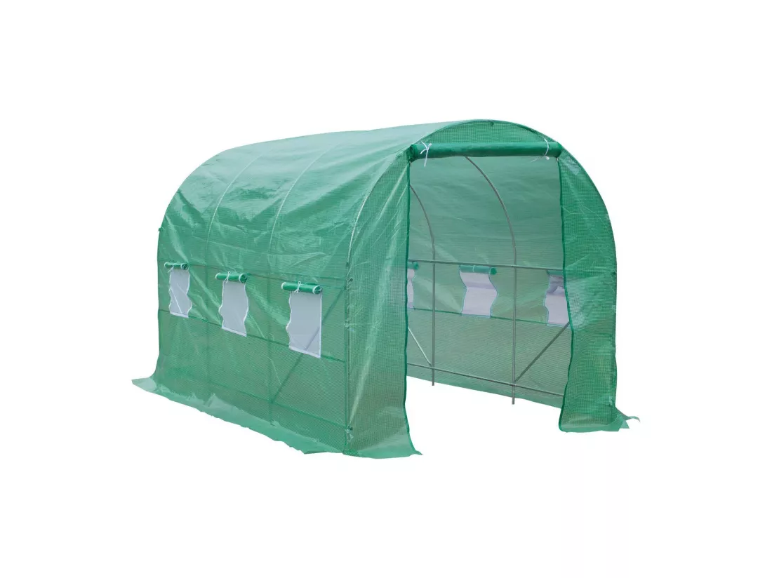 Serre de jardin tunnel 7m² 3,5L x 2l x 2H m châssis tubulaire acier galvanisé renforcé 6 fenêtres 1 portes vert