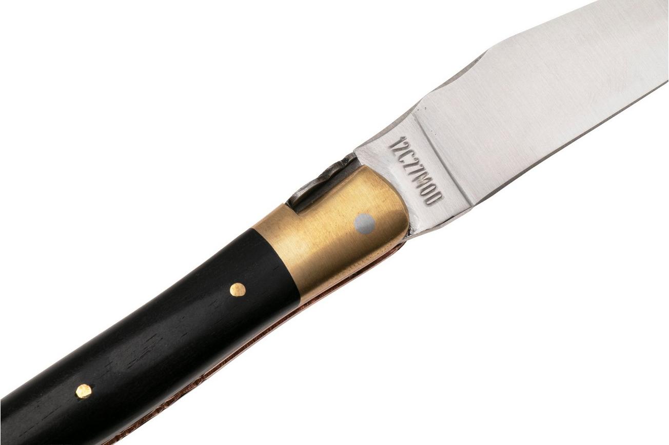 Laguiole en Aubrac Le Bijou L0212LCHB/EBBJ Ebony, Handcarved Copper Plates, Matt Brass Bolsters, zakmes, 12 cm