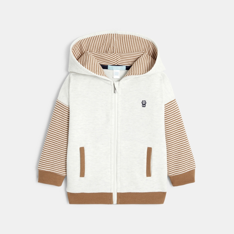 Sweat zippé effet côtelé chat brodé blanc bébé garçon