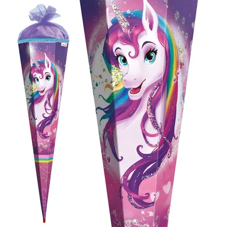 Roth Schultüte Einhornportrait mit Tüllverschluss und Glitzer, 85 cm, eckig
