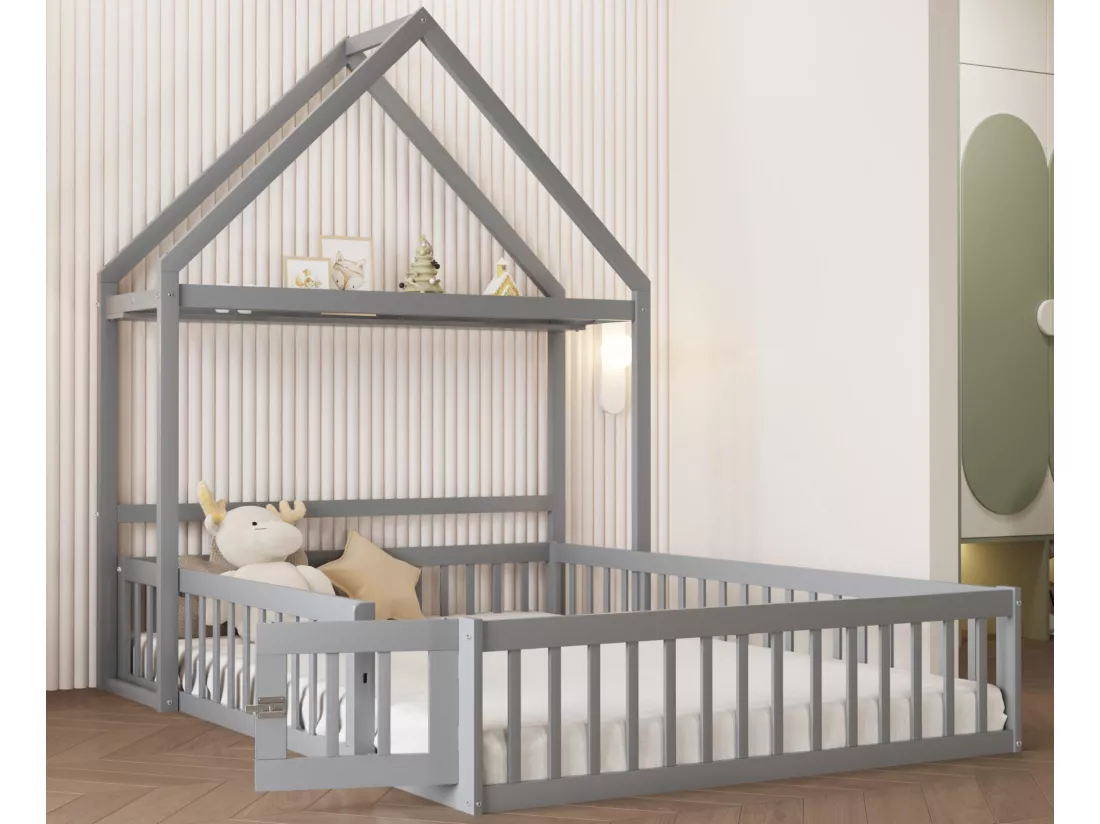 Lit enfant cabane 140x200cm en bois massif - avec tringle à vêtements - Gris