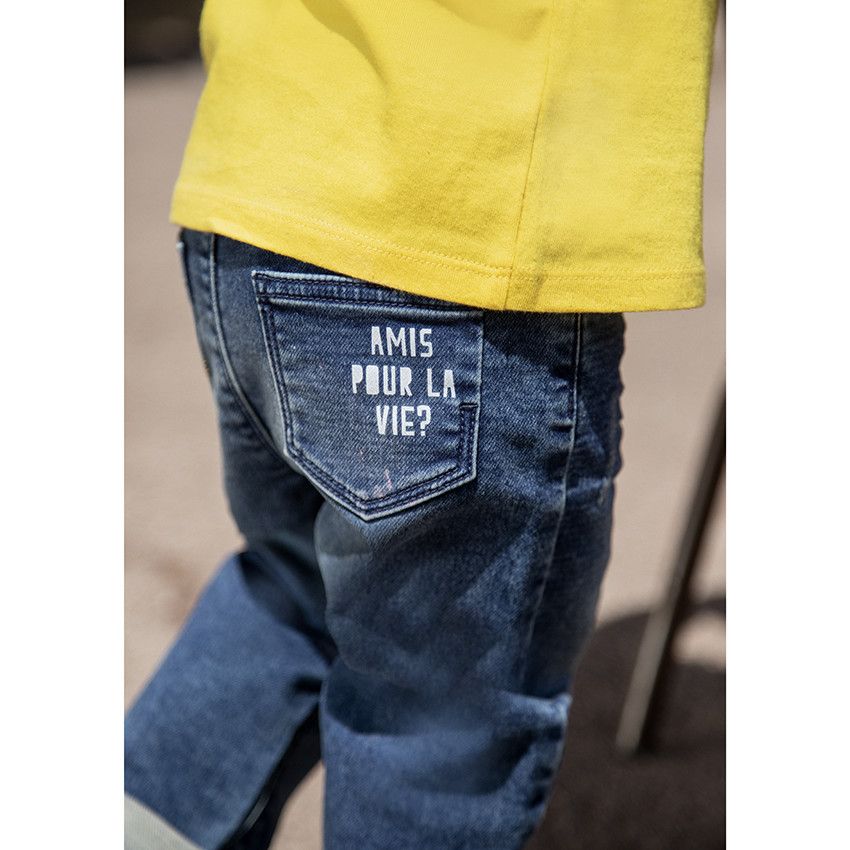 Jean effet used à poches print texte - Bleu moyen