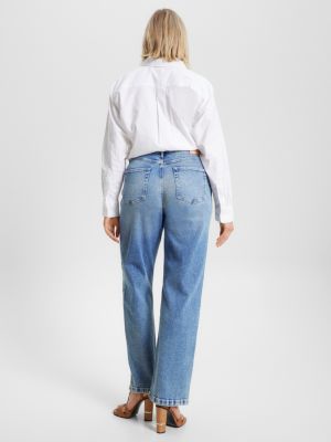 Calça jeans desbotada de cintura alta, corte reto e modelagem relaxada.