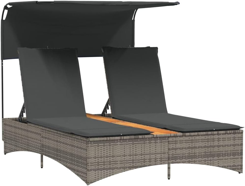 Festnight Doppel Gartenliege mit Sonnendach Doppelliege Outdoor 2 Personen Sonnenliege Rattan Sonnenbett Loungebett Gartenbett mit Auflage Liege Outdoor mit Dach Rattanliege Liegestuhl Garten