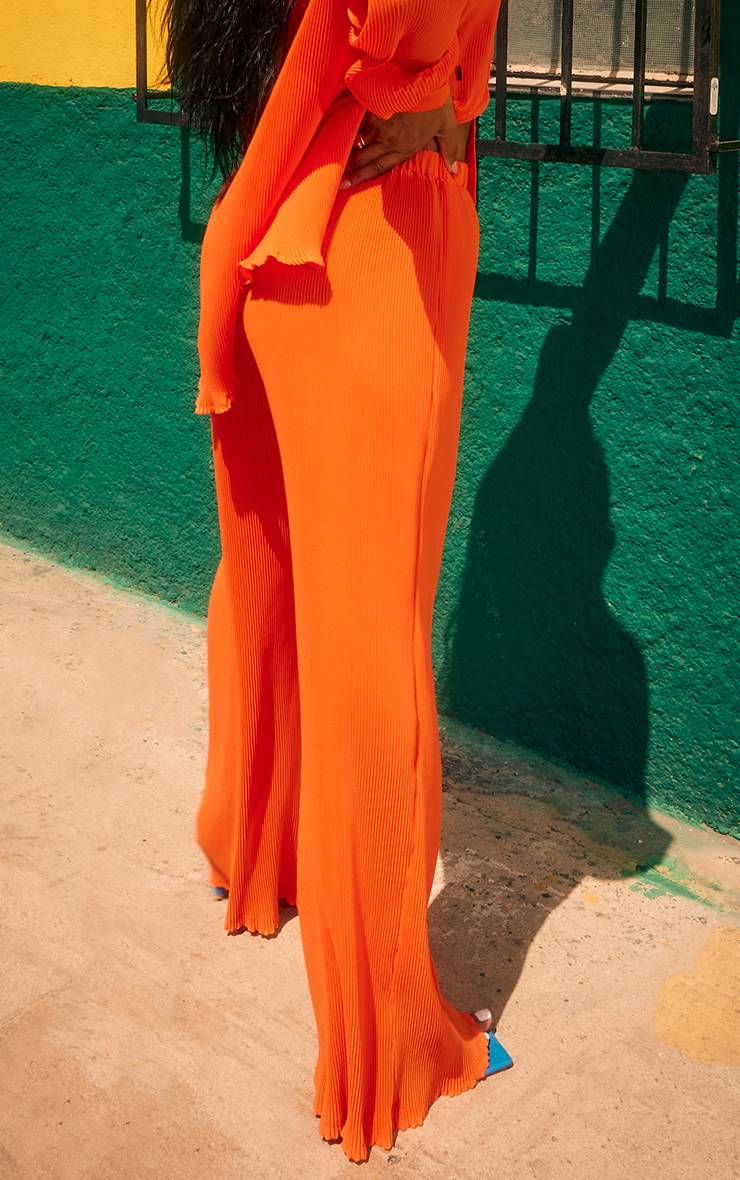 Bright Orange Pantalon Plissé Taille Haute Jambe Large Ensemble Coordonné
