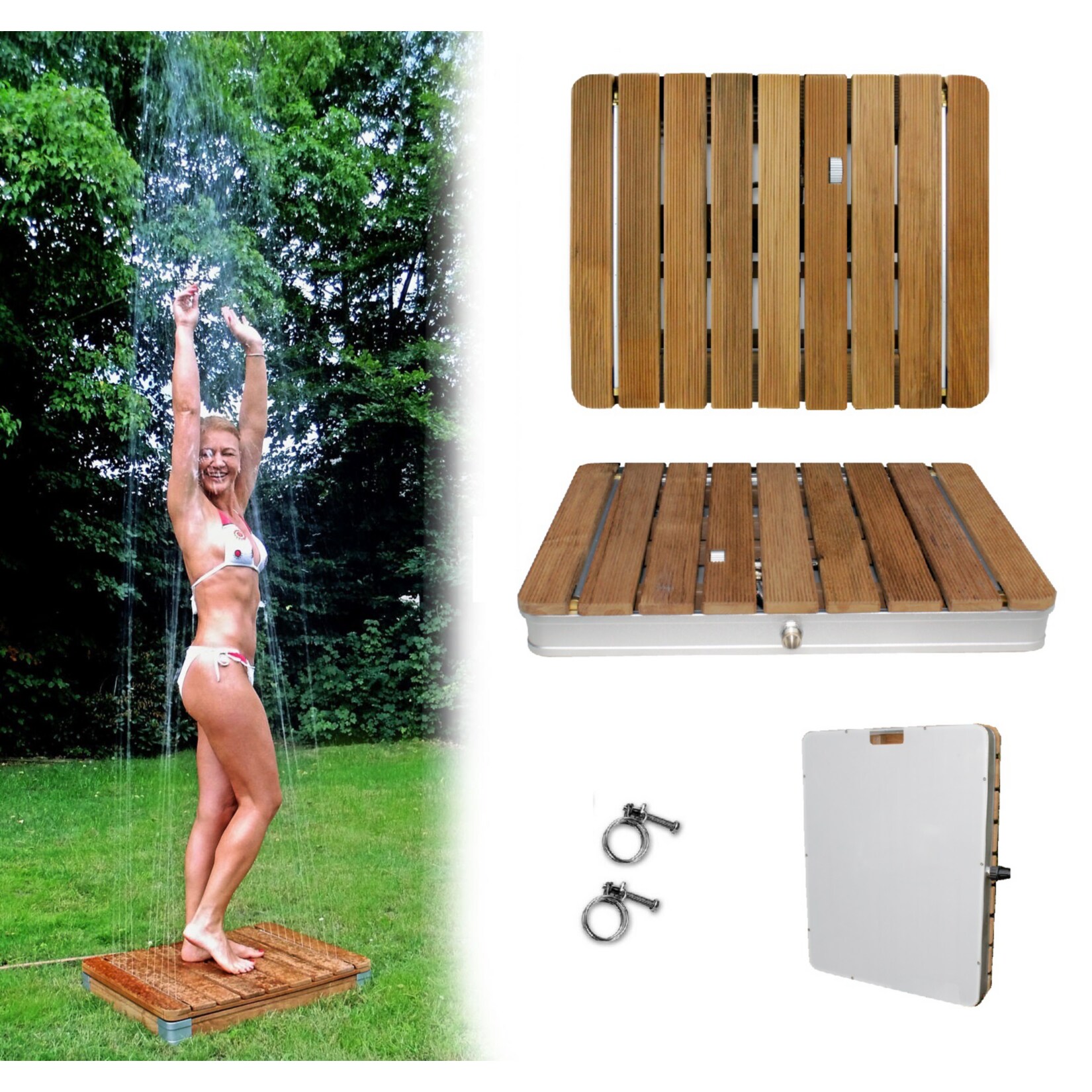 Mobile Gartendusche Bodendusche aus massivem Teak-Holz