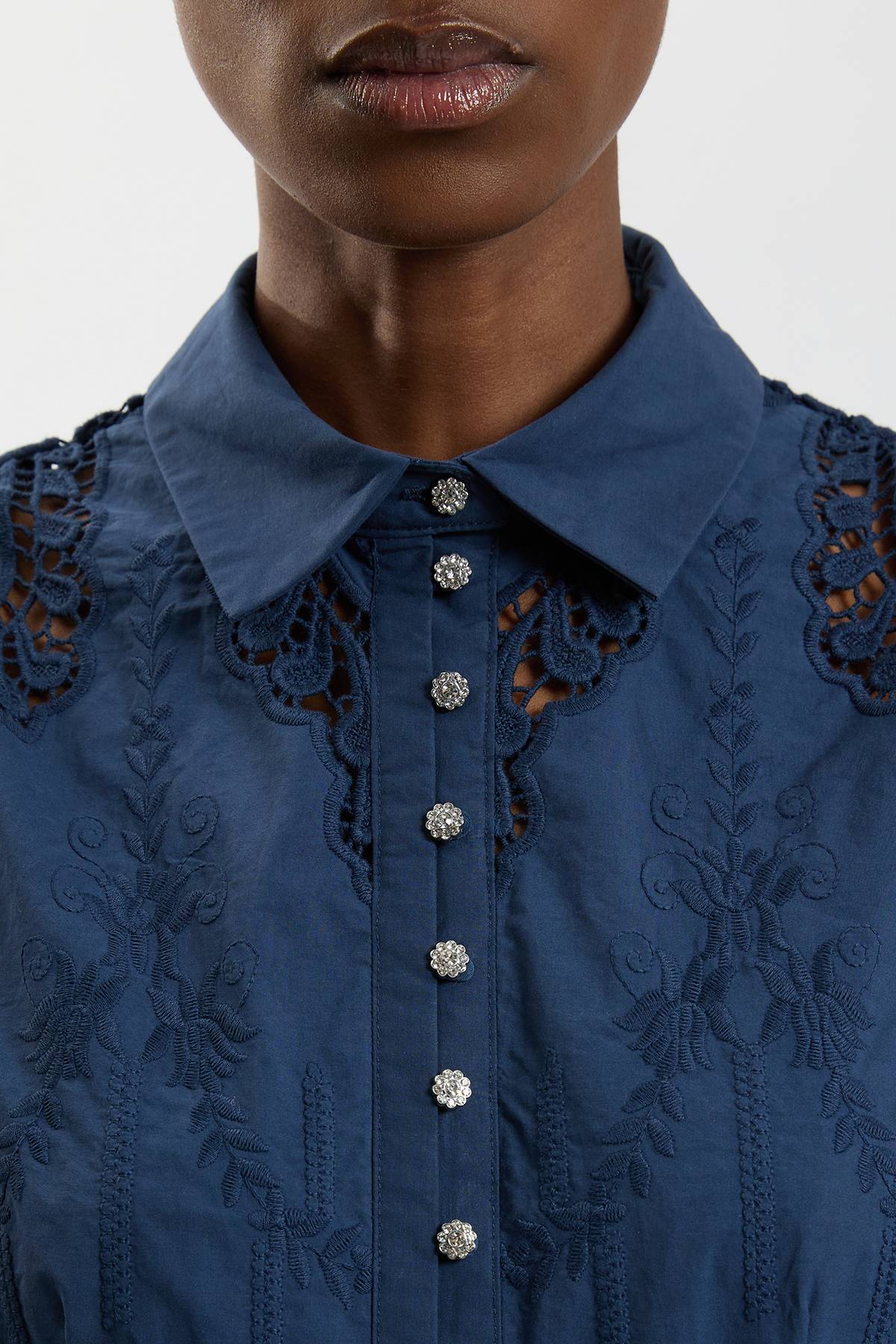 KarenMillen Robe Midi Tissée En Coton À Manches Ballon Et Broderie Ajourée Petite