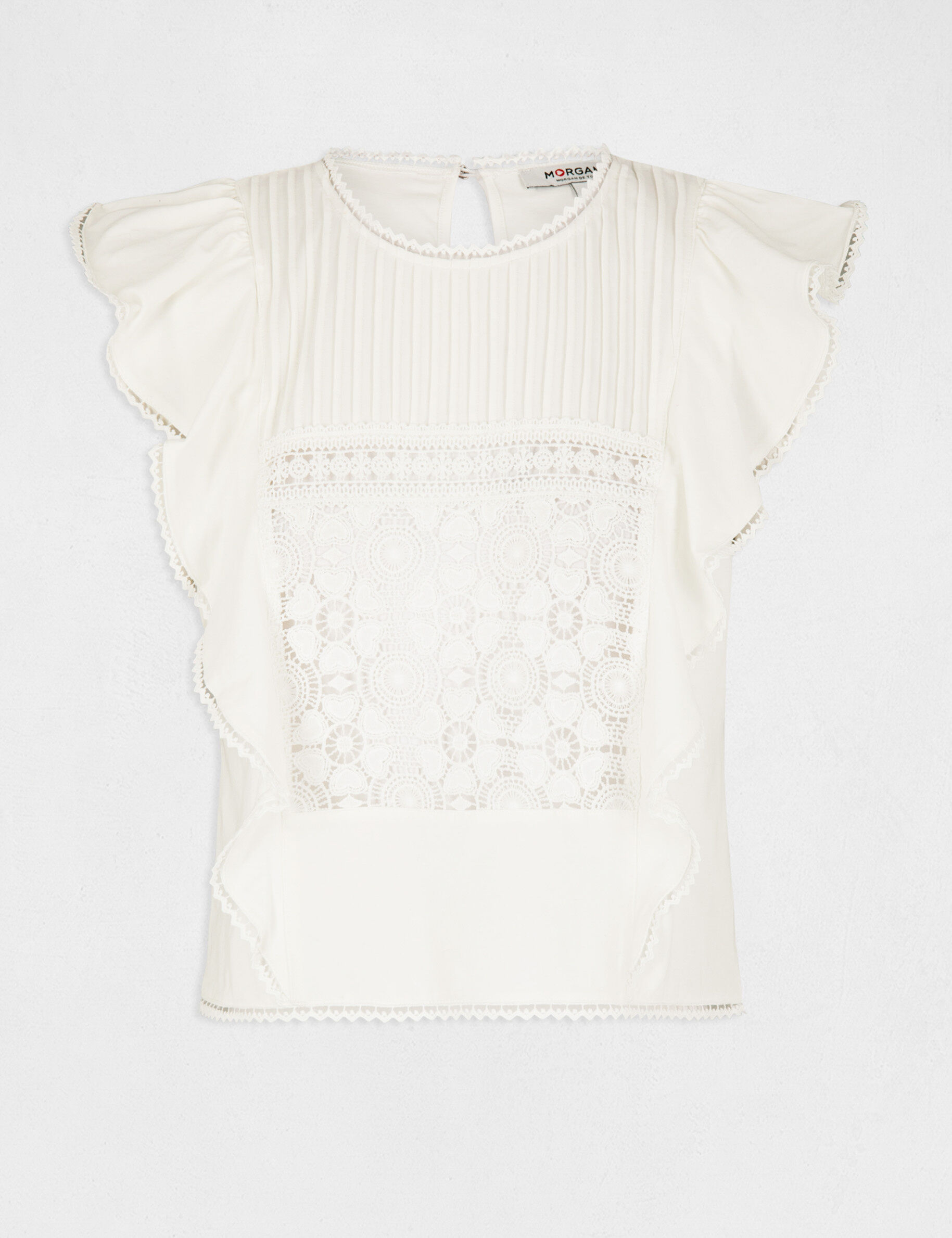 T-shirt manches courtes à volants ecru femme - ecru