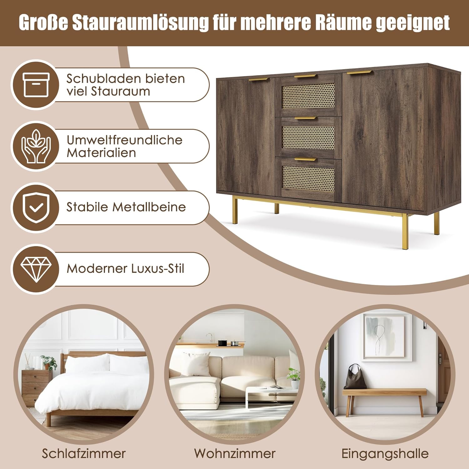 Generisch Sideboard-Schrank Kommode Mit 3 Schubladen Und 2 Türen, 120 X 40 X 76 cm, Dunkelbraun, Metallgriffe Kommode, Mehrzweckschrank Für Flur, Schlafzimmer, Wohnzimmer Und Kinderzimmer,Braun