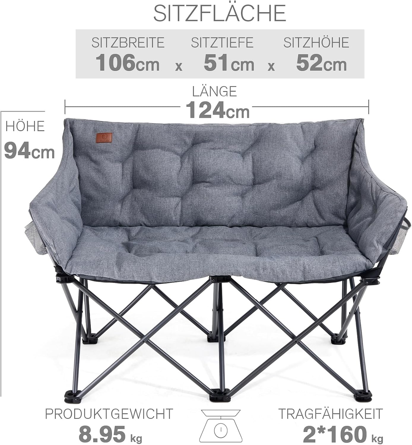 EVER ADVANCED Campingstuhl Faltbar 124CM Breit Campingsofa für 2 Personen Faltsofa 320KG Belastbar, Campingcouch Dick Gepolstert Klappstuhl XXL 2 Sitzer Hohe Lehne für Outdoor Garten Balkon Indoor