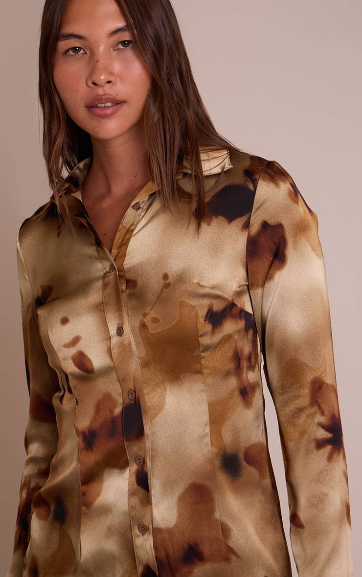 Marron Chemise Ajustée En Satin À Imprimé Floral Abstrait