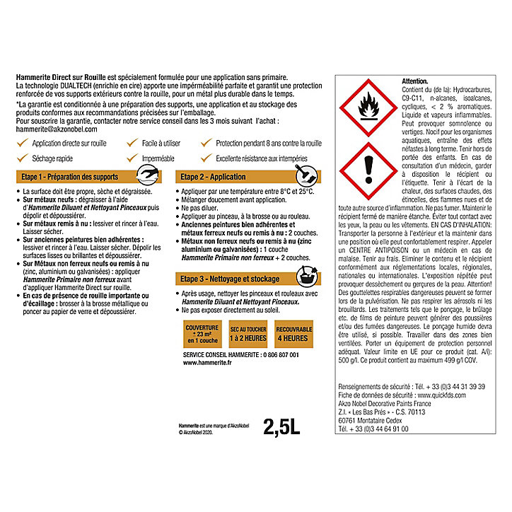 Peinture extérieure métal direct sur rouille Hammerite brillant laqué argent 2,5L